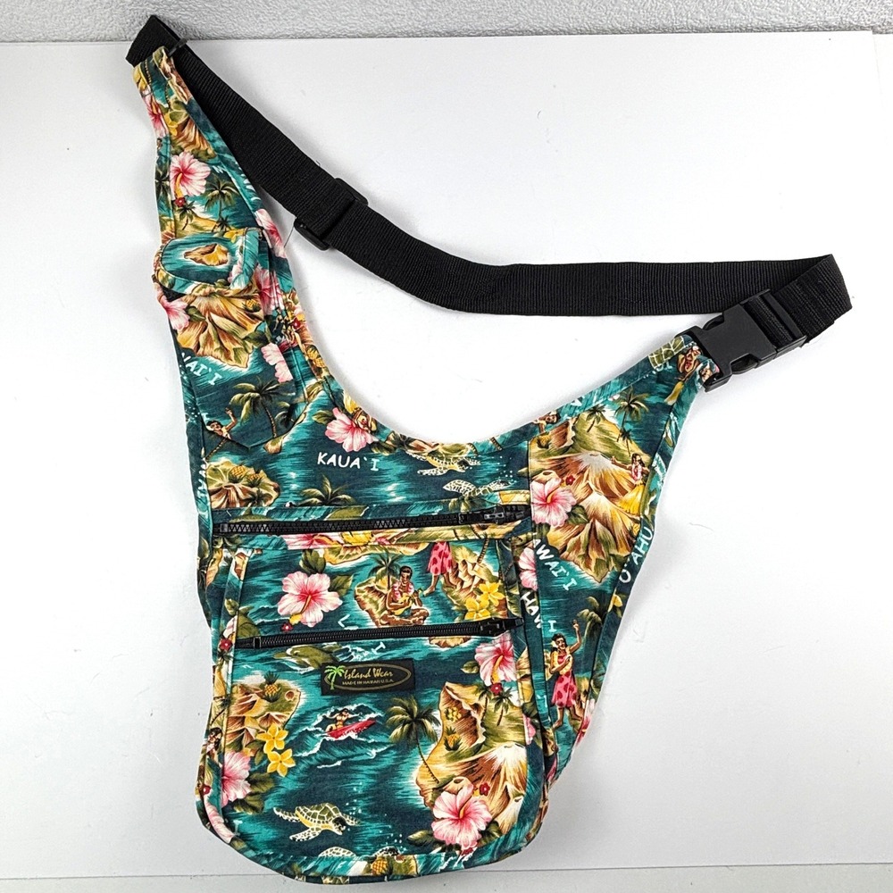 Island Wear Sling Bag Unisex Teal Hawaiian Tropical Print Canvas Made in Hawaii